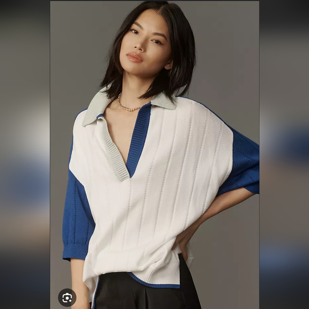 Anthropologie White and Blue V-Neck Knit Sweater